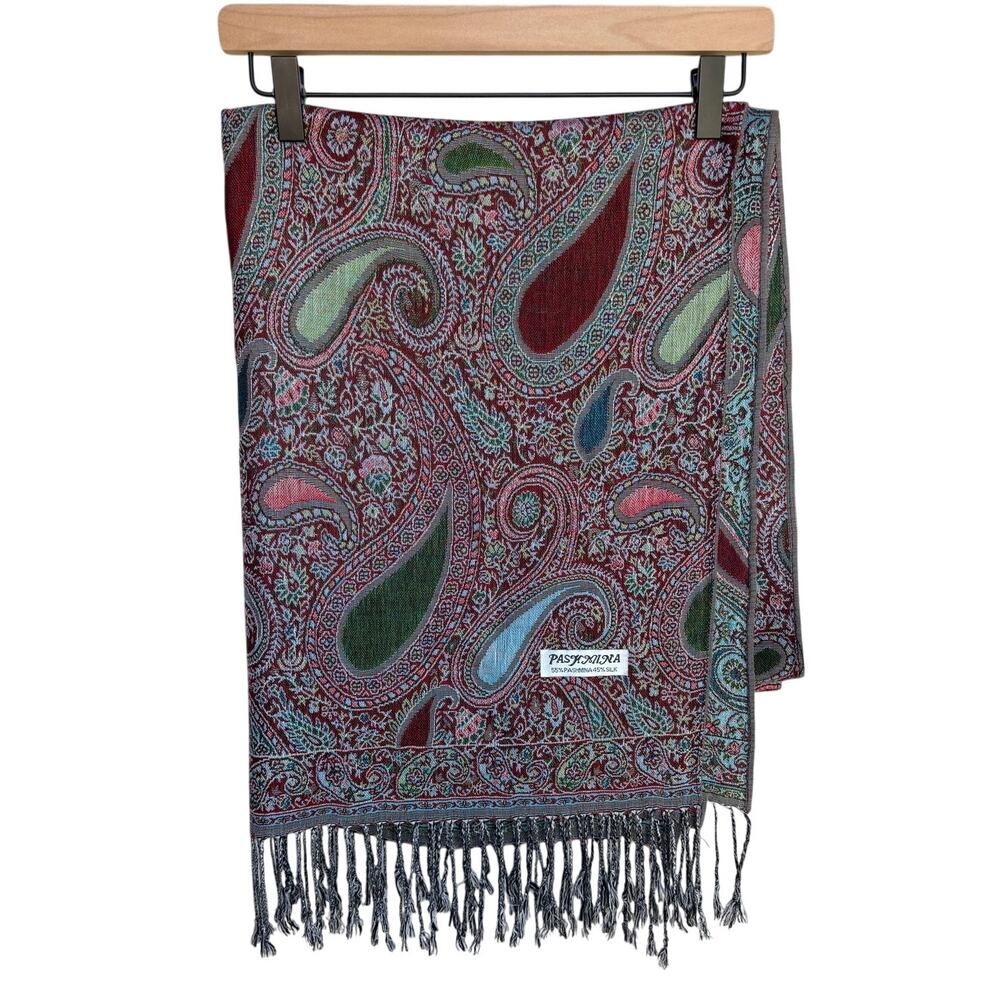 Pashmina Silk Blend Reversible Wrap Scarf Paisley w Fringe Has 2 Snags Pls Read